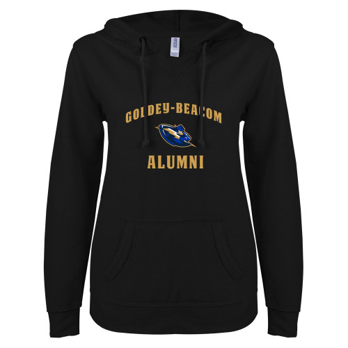  ENZA Womens Black V Notch Raw Edge Fleece Hoodie - Alumni
