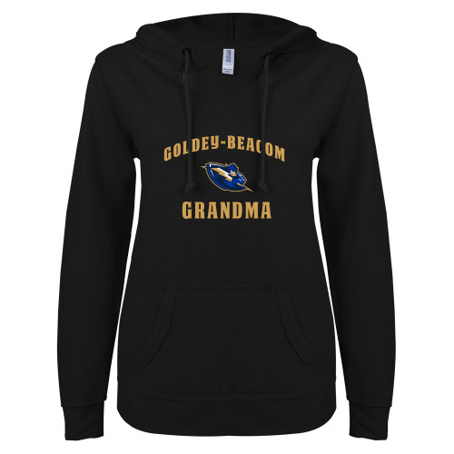  ENZA Womens Black V Notch Raw Edge Fleece Hoodie - Grandma