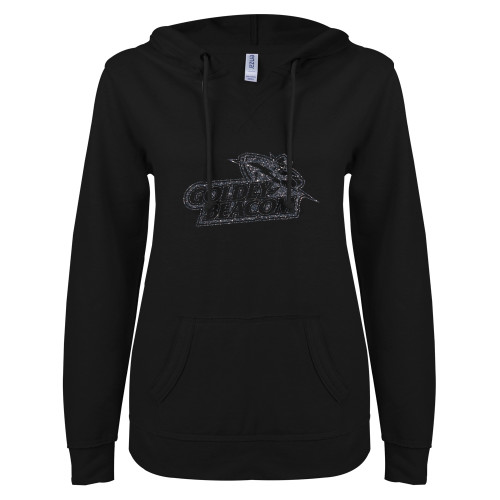  ENZA Womens Black V Notch Raw Edge Fleece Hoodie - F Graphite Soft Glitter