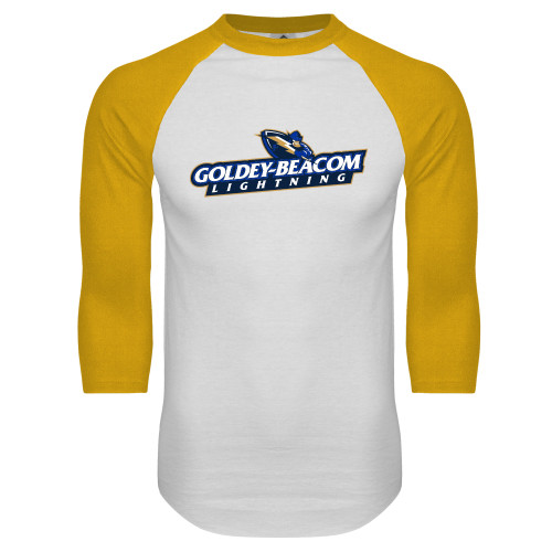  White/Gold Raglan Baseball T Shirt - Horizontal Lighting