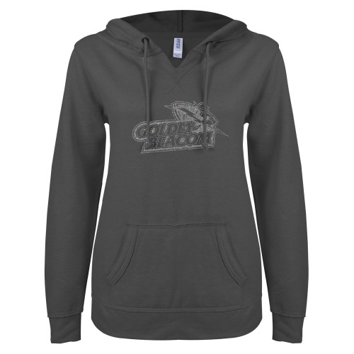  ENZA Womens Dark Heather V Notch Raw Edge Fleece Hoodie - A Silver Soft Glitter