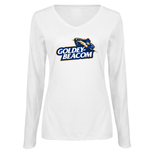  Womens White Long Sleeve V Neck Tee - Primary Mark