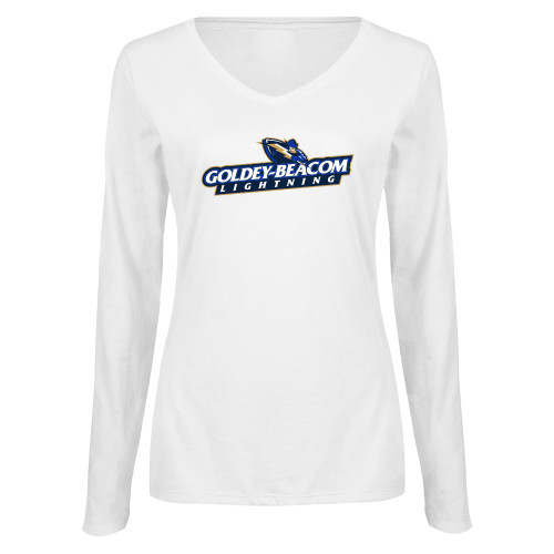  Womens White Long Sleeve V Neck Tee - Horizontal Lighting