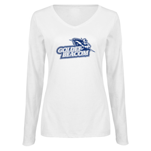  Womens White Long Sleeve V Neck Tee - H Dark Blue Glitter