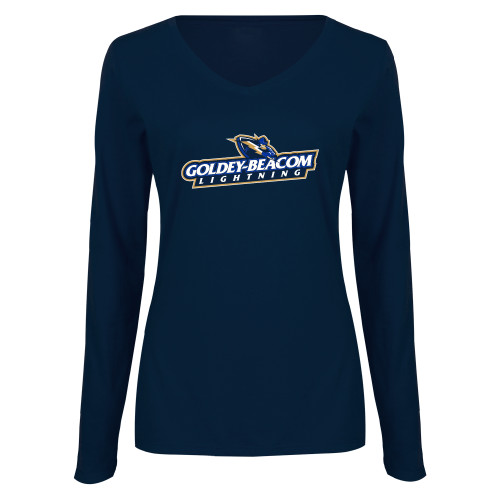  Womens Navy Long Sleeve V Neck Tee - Horizontal Lighting