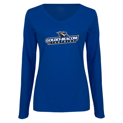  Womens Royal Long Sleeve V Neck Tee  - Horizontal Lighting