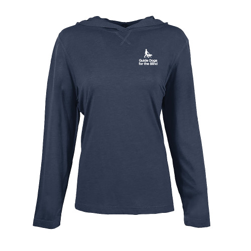  Womens Navy Heather Long Sleeve Hooded Tee - Stacked GDB Logo in White