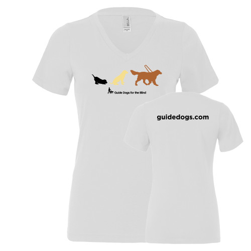  Bella + Canvas Womens White V Neck Cotton T Shirt - 3 Stages of a Guide Dog with Horizontal Logo in Full Color