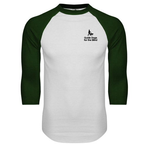  White/Dark Green Raglan Baseball T Shirt - Stacked GDB Logo in Black