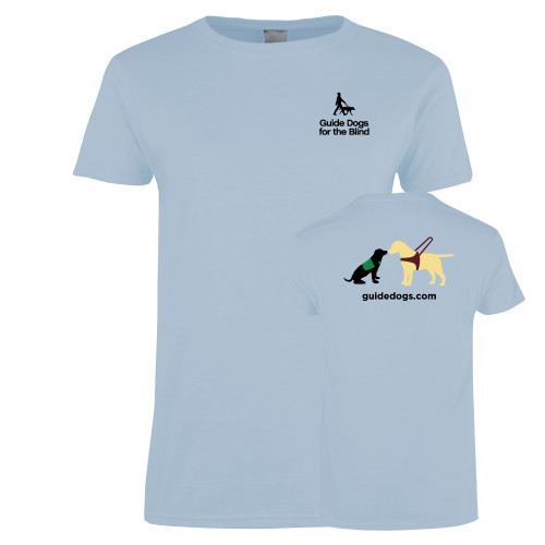  Womens Light Blue Short Sleeve Tee - Pup and Guide Dog with GDB URL in Full Color