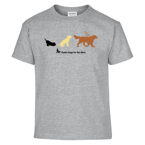  Youth Grey T Shirt - 3 Stages of a Guide Dog with Horizontal Logo in Full Color
