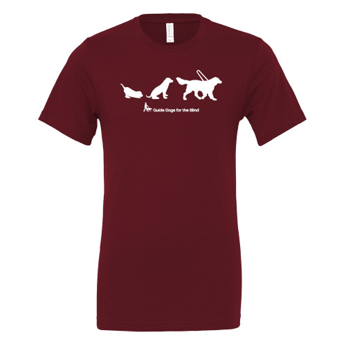 Bella + Canvas Maroon Jersey Cotton T Shirt - 3 Stages of a Guide Dog with Horizontal Logo in White