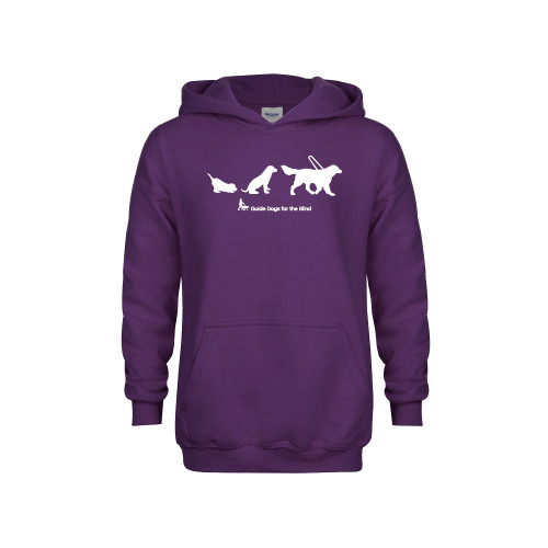  Youth Purple Fleece Hoodie - 3 Stages of a Guide Dog with Horizontal Logo in White