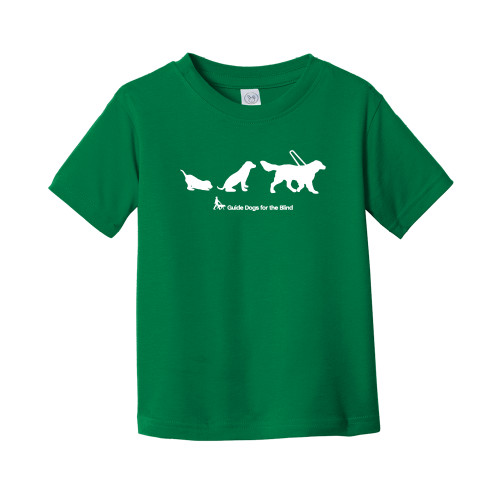  Toddler Kelly Green T Shirt - 3 Stages of a Guide Dog with Horizontal Logo in White