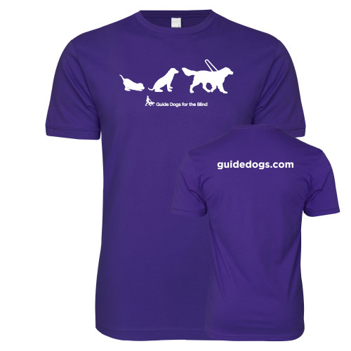  Next Level Purple SoftStyle T Shirt - 3 Stages of a Guide Dog with Horizontal Logo in White