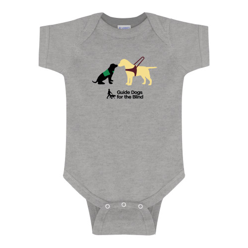  Grey Infant Onesie - Pup and Guide Dog with Horizontal Stacked Text GDB Logo in Full Color