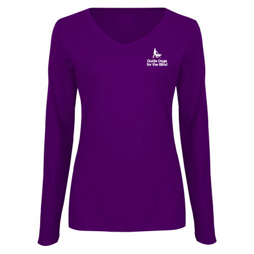  Womens Purple Long Sleeve V Neck Tee  - Stacked GDB Logo in White