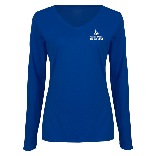  Womens Royal Long Sleeve V Neck Tee  - Stacked GDB Logo in White