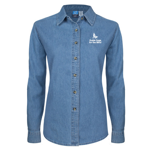  Womens Denim Long Sleeve Shirt - Stacked GDB Logo in White