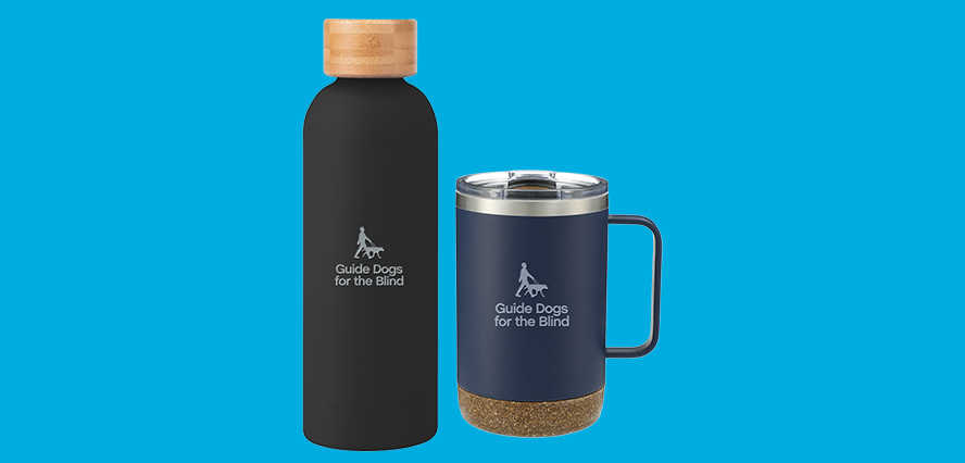 Two water bottles on a bright blue background which link to the drinkware category