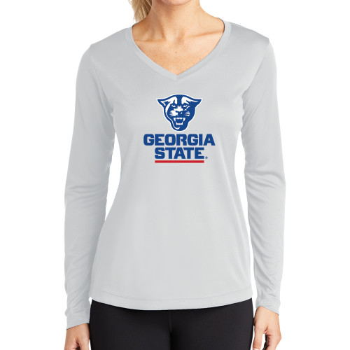 Georgia State Womens White Performance Long Sleeve V Neck Shi