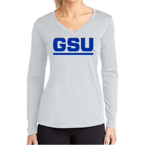 Georgia State Womens White Performance Long Sleeve V Neck Shi