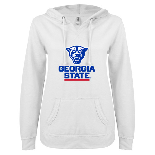 Georgia State ENZA Womens White V Notch Raw Edge Fleece Hood