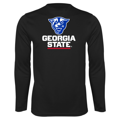  Black Performance Long Sleeve Shirt - Panther Head over Stacked Logo