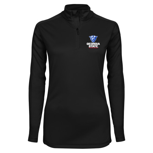  Syntrel Womens Black Interlock 1/4 Zip - Panther Head over Stacked Logo