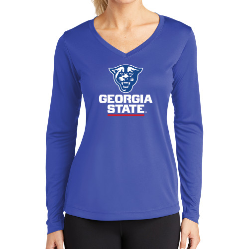 Georgia State Womens Royal Performance Long Sleeve V Neck Shi