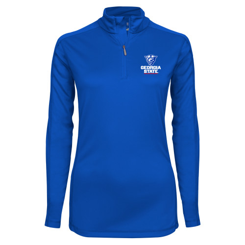  Syntrel Womens Royal Interlock 1/4 Zip - Panther Head over Stacked Logo