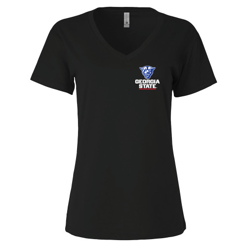  Next Level Womens Black Suede V Neck Tee - Panther Head over Stacked Logo