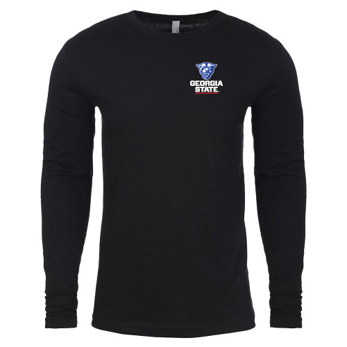  Next Level Black Cotton Long Sleeve Tee - Panther Head over Stacked Logo