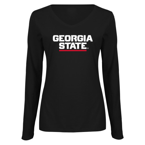  Womens Black Long Sleeve V Neck Tee  - Stacked Logo