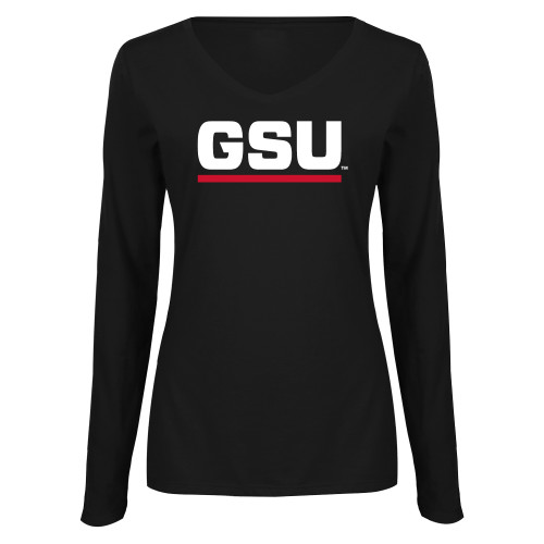  Womens Black Long Sleeve V Neck Tee  - GSU Logo