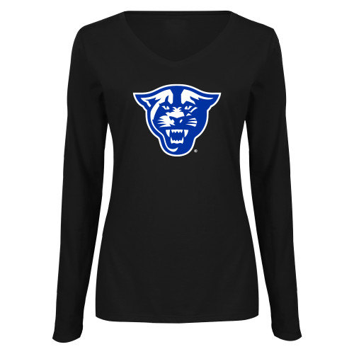  Womens Black Long Sleeve V Neck Tee  - Panther Head