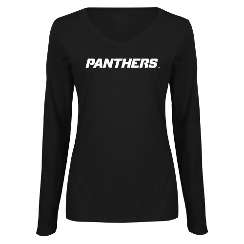  Womens Black Long Sleeve V Neck Tee  - Panthers Wordmark