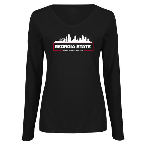  Womens Black Long Sleeve V Neck Tee  - Atlanta Skyline