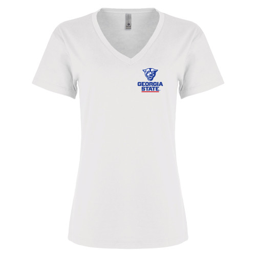  Next Level Womens White Cotton V Neck Tee - Panther Head over Stacked Logo