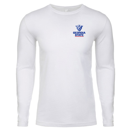  Next Level White Cotton Long Sleeve Tee - Panther Head over Stacked Logo