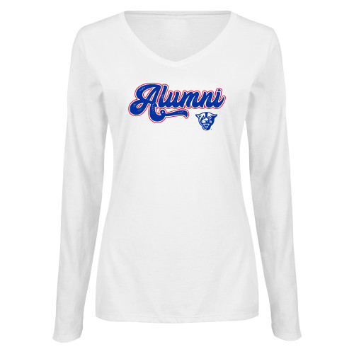  Womens White Long Sleeve V Neck Tee - GSU Alumni Script