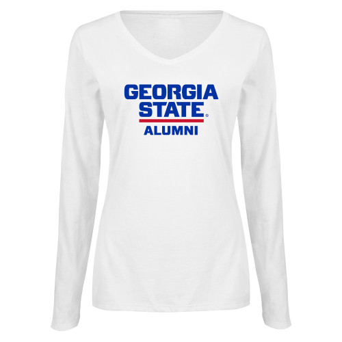  Womens White Long Sleeve V Neck Tee - GSU Alumni