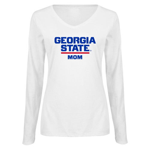  Womens White Long Sleeve V Neck Tee - GSU Mom