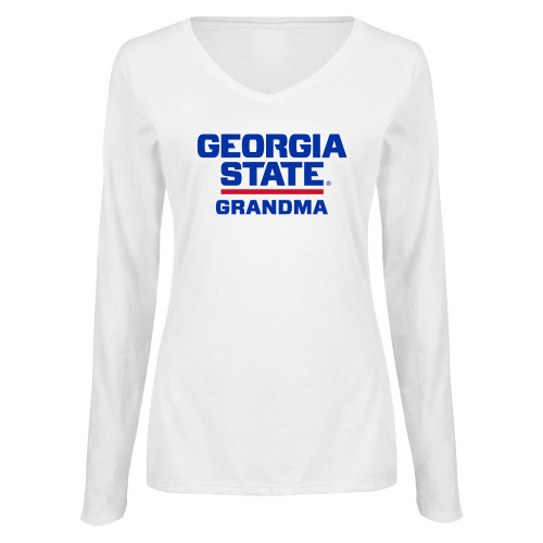  Womens White Long Sleeve V Neck Tee - GSU Grandma