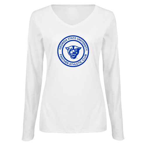  Womens White Long Sleeve V Neck Tee - Panther Athletic Club