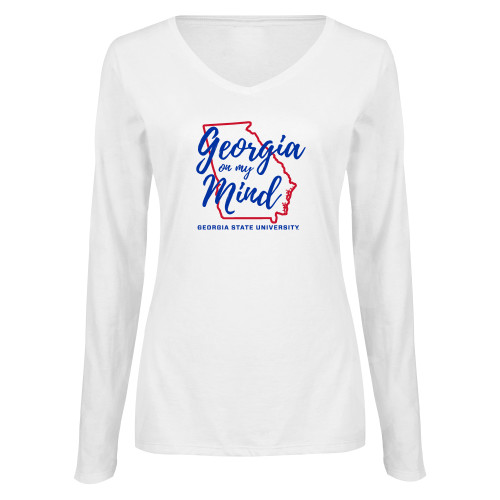  Womens White Long Sleeve V Neck Tee - Georgia on my Mind