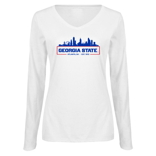  Womens White Long Sleeve V Neck Tee - Atlanta Skyline