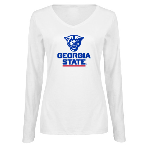  Womens White Long Sleeve V Neck Tee - Panther Head over Stacked Logo