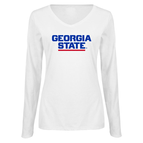  Womens White Long Sleeve V Neck Tee - Stacked Logo