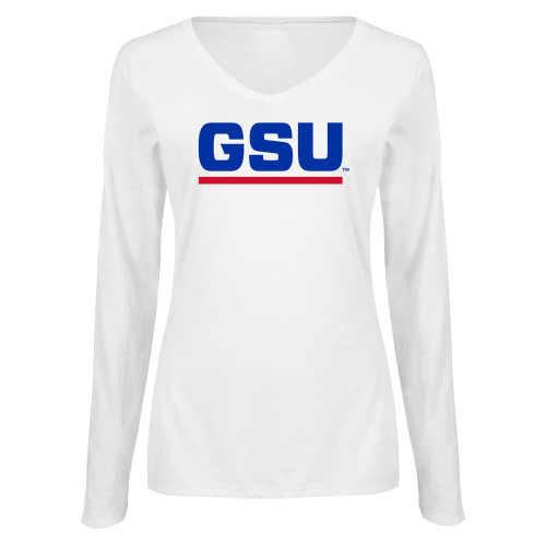  Womens White Long Sleeve V Neck Tee - GSU Logo